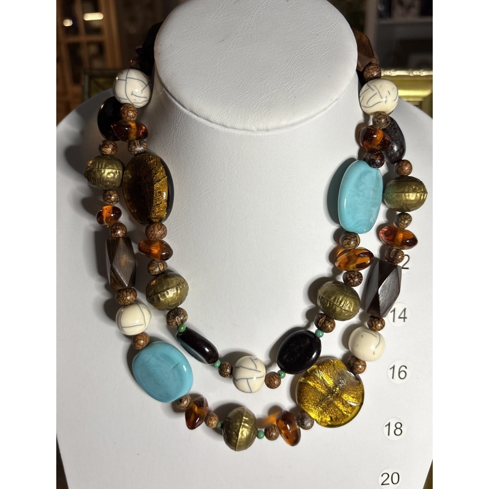 Handmade Artisan Double Strand Foil Glass Mixed Bead Necklace Boho Statement